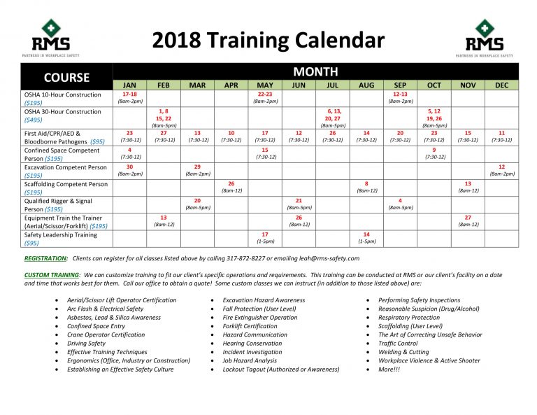 2018 Open Registration Training Calendar Safety Consulting RMS Safety